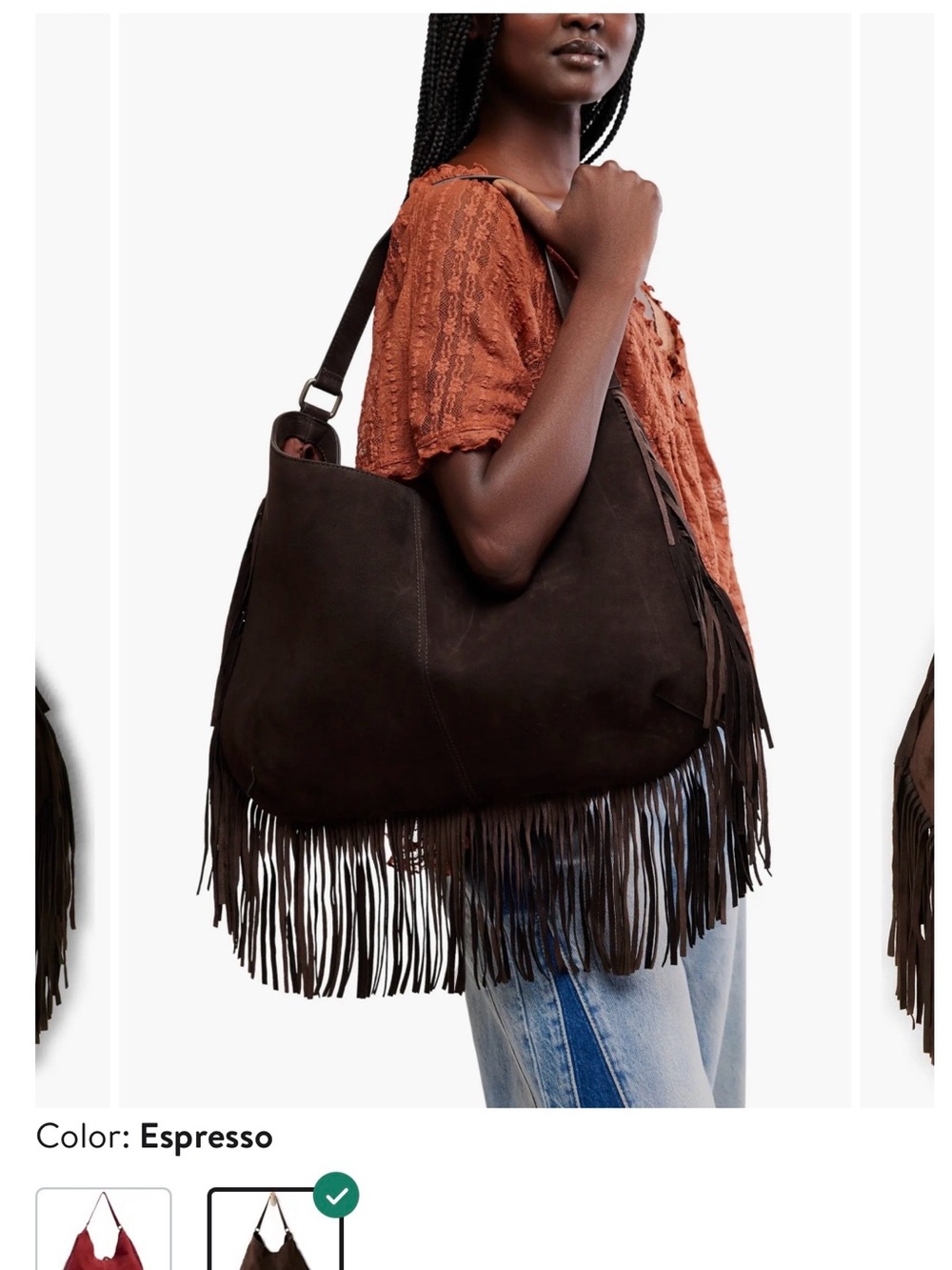 Espresso Suede Fringe Shoulder Bag